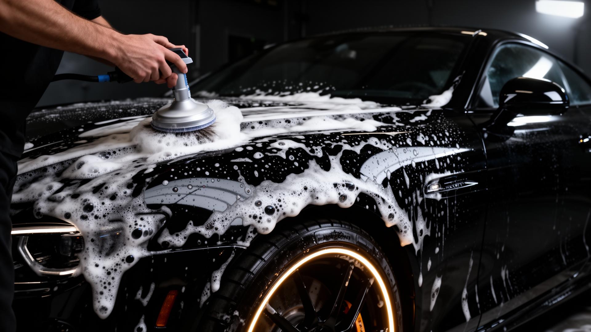 Premium car detailing – foam wash on glossy black paint